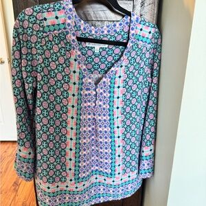 Southern Tide Blue Graphic Blouse with Mandarin Collar